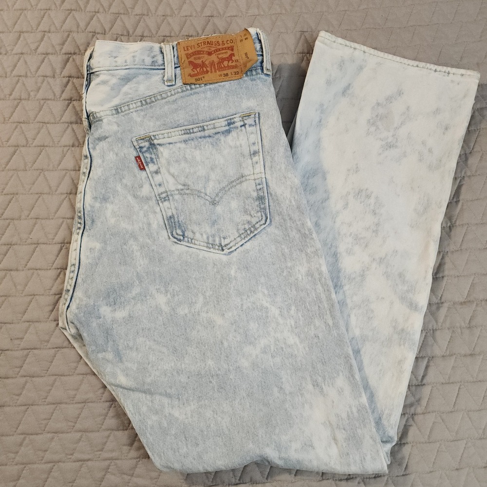 E9 Levis 501 Original Fit Jeans Mens 38x32 Light‎ Acid Wash Blue Denim